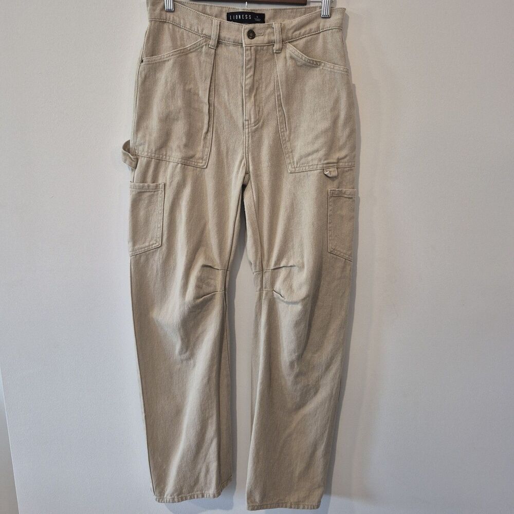 LIONESS Stacey Carpenter Cargo Jeans Womens Size S Beige Utility Barrel Denim